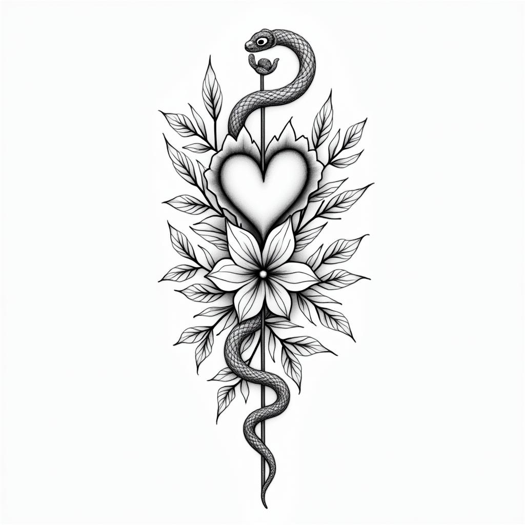 Flowers and snakesin Modest style tattoo, featuring soft, delicate line work with simple and meaningful symbols, gentle waves, a heart, evoking a sense of serenity and grace, - Variation 4