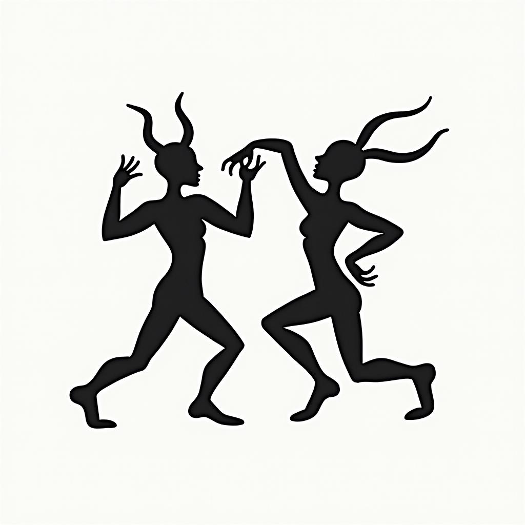 Vikingabstract dancing figures in Keith Haring style, featuring bold black outlines and solid color fills, figures posed in dynamic and playful dance movements, minimalist design
