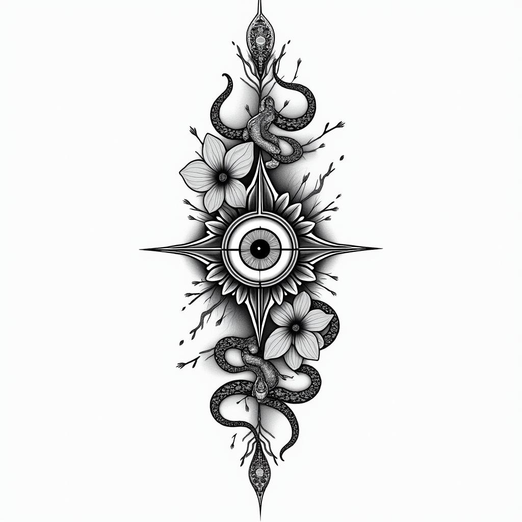 Flowers and snakesin spiritual symbols tattoo style, featuring an intricate design incorporating elements, Hamsa hand, third eye, minimalist composition - Variation 3