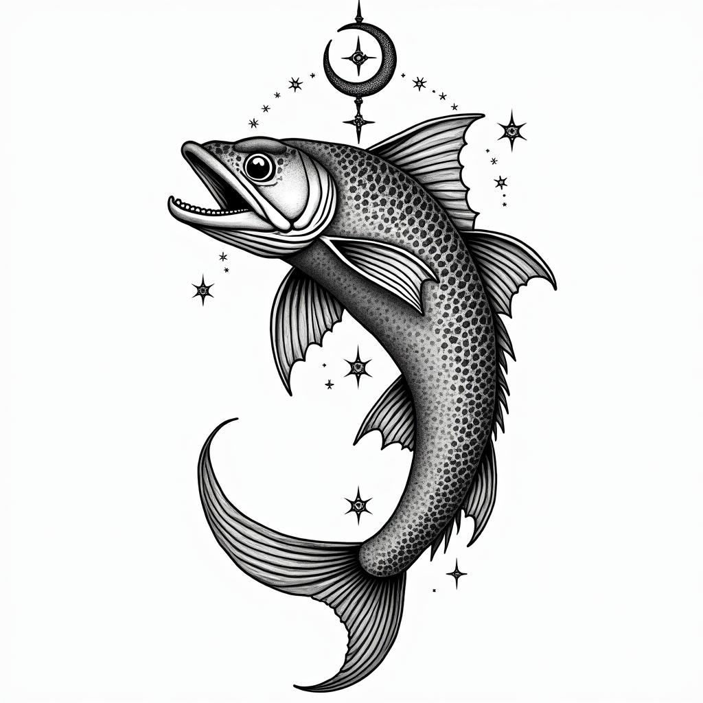 Barracudain paganic style tattoo, featuring ancient symbols, add vegvisir symbol, mystical figures, incorporating designs, pentagrams, runes, crescent moons, - Variation 8