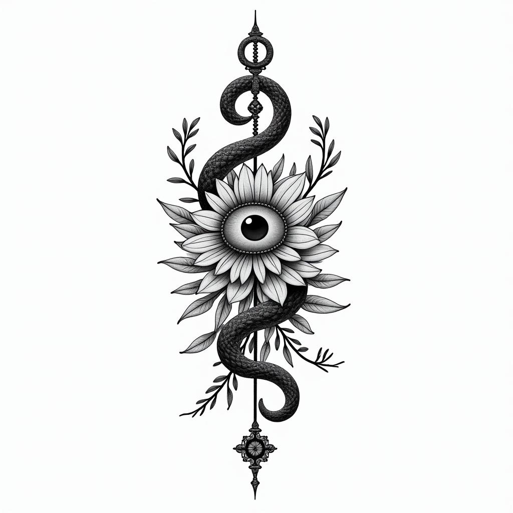 Flowers and snakesin spiritual symbols tattoo style, featuring an intricate design incorporating elements, Hamsa hand, third eye, minimalist composition