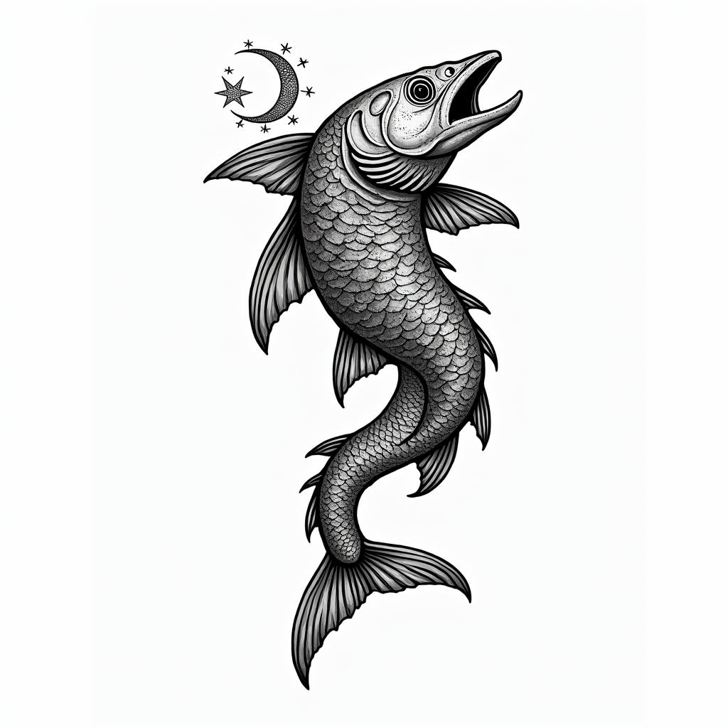 Barracudain paganic style tattoo, featuring ancient symbols, add vegvisir symbol, mystical figures, incorporating designs, pentagrams, runes, crescent moons, - Variation 5