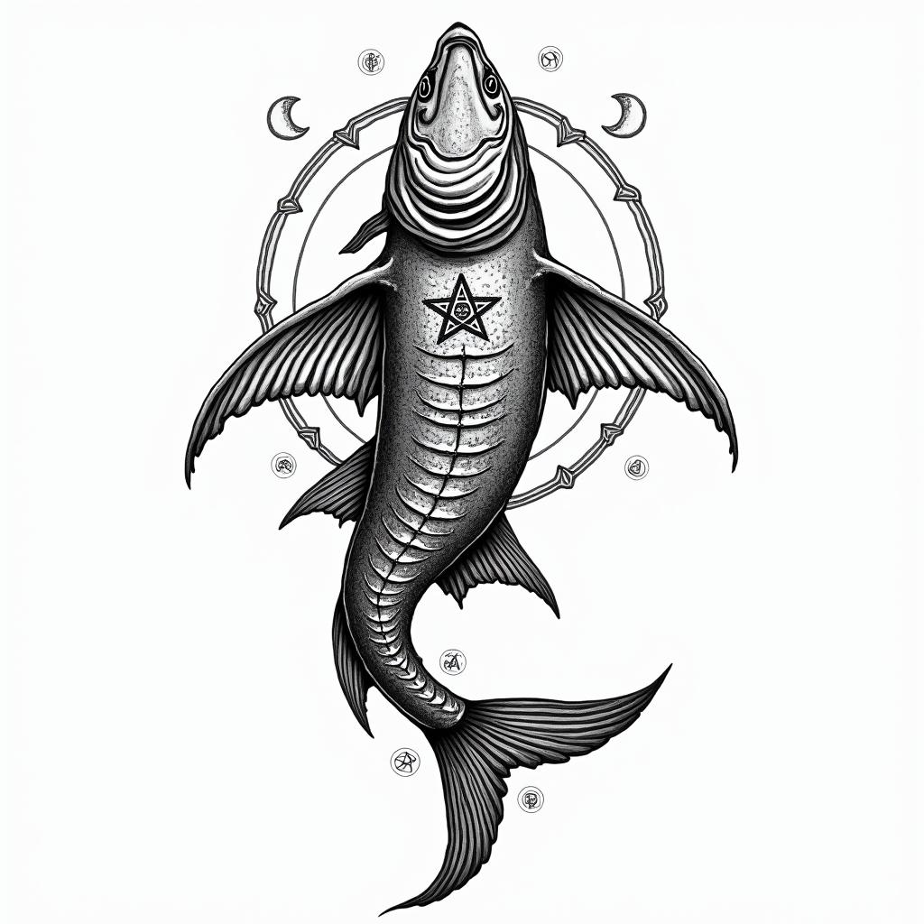 Barracudain paganic style tattoo, featuring ancient symbols, add vegvisir symbol, mystical figures, incorporating designs, pentagrams, runes, crescent moons, - Variation 7