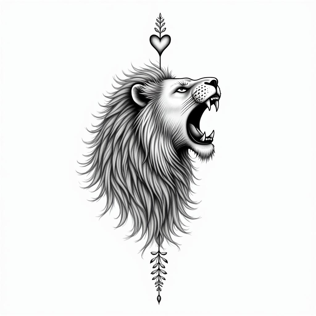 Roaring lion with a flowing manein Modest style tattoo, featuring soft, delicate line work with simple and meaningful symbols, gentle waves, a heart, evoking a sense of serenity and grace, - Variation 3
