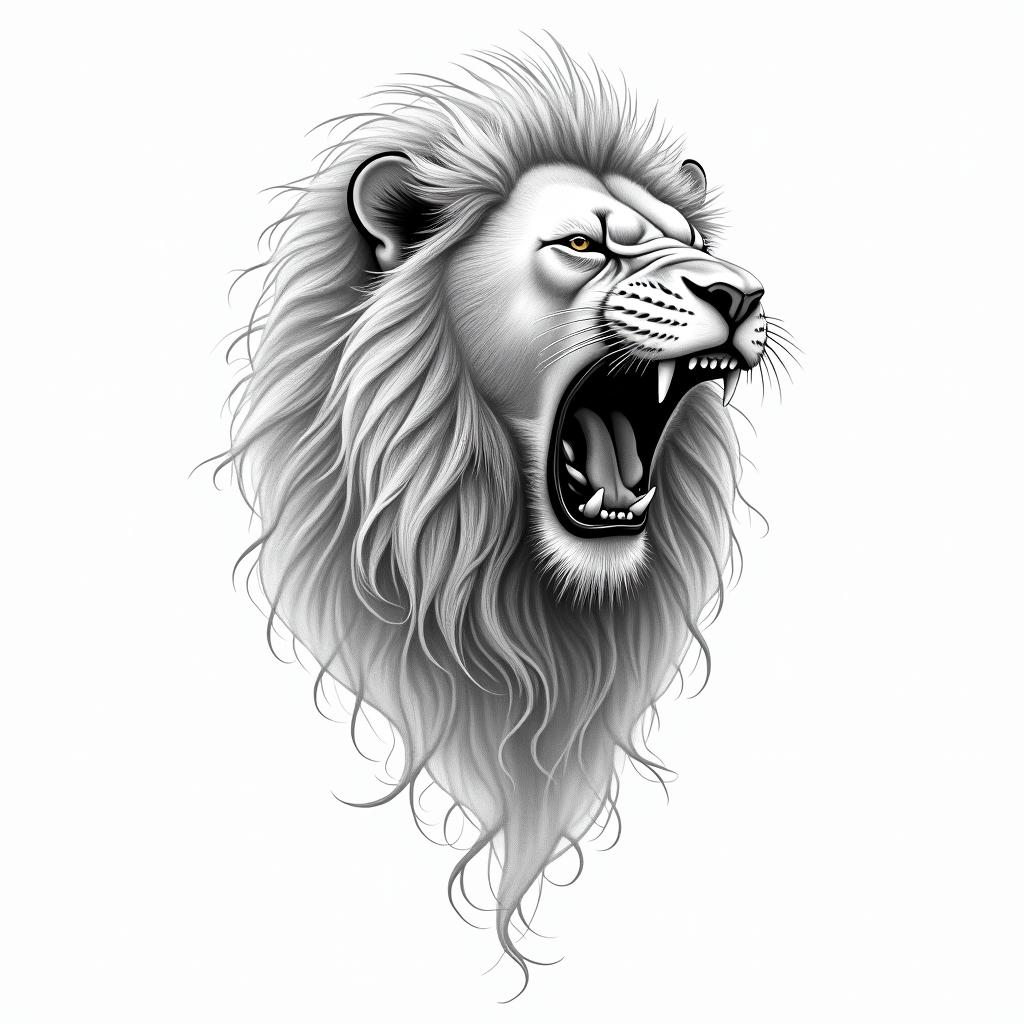 Roaring lion with a flowing manein Modest style tattoo, featuring soft, delicate line work with simple and meaningful symbols, gentle waves, a heart, evoking a sense of serenity and grace, - Variation 4