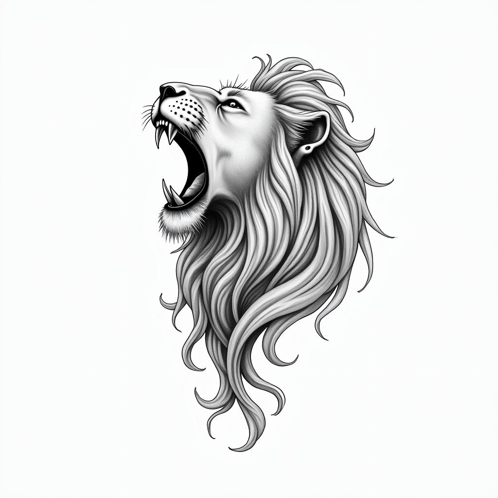 Roaring lion with a flowing manein Modest style tattoo, featuring soft, delicate line work with simple and meaningful symbols, gentle waves, a heart, evoking a sense of serenity and grace,