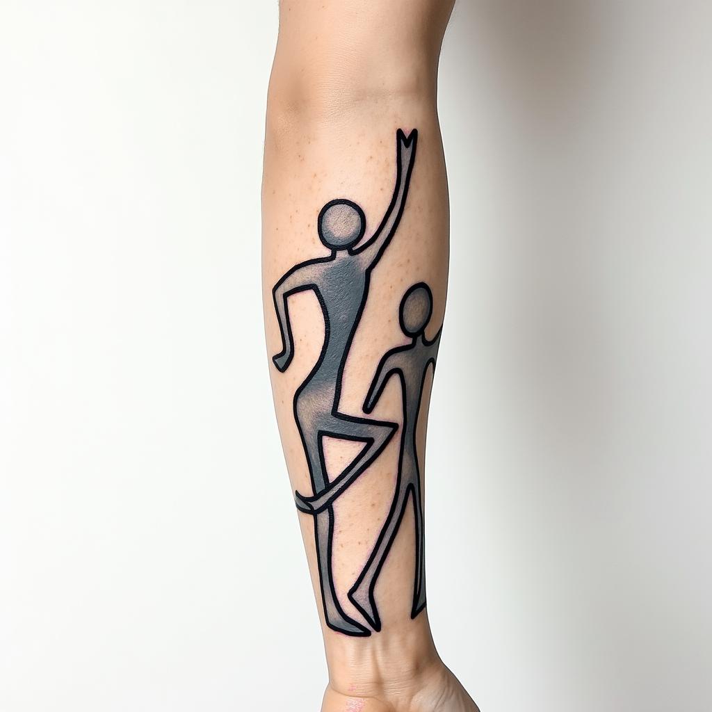 Forearmabstract dancing figures in Keith Haring style, featuring bold black outlines and solid color fills, figures posed in dynamic and playful dance movements, minimalist design