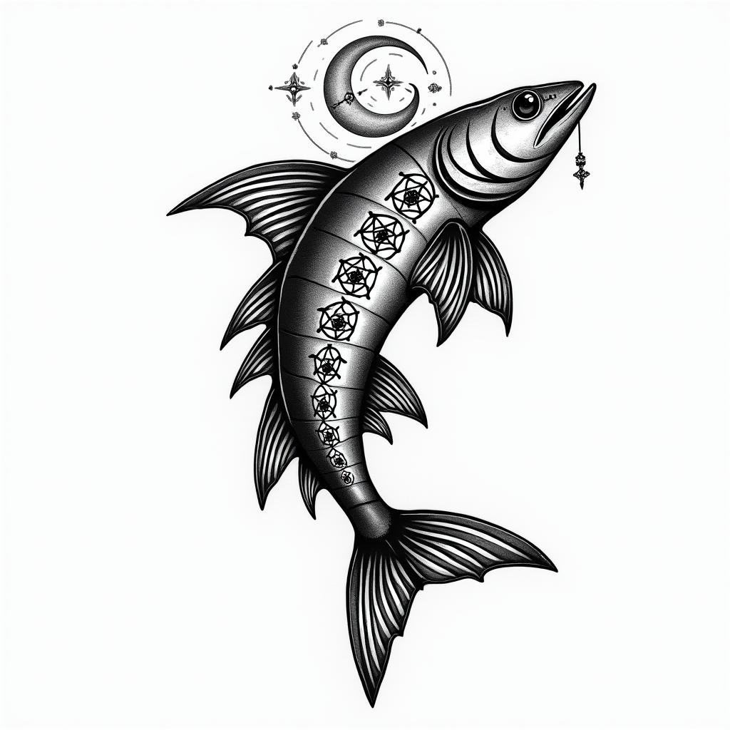 Barracudain paganic style tattoo, featuring ancient symbols, add vegvisir symbol, mystical figures, incorporating designs, pentagrams, runes, crescent moons, - Variation 3