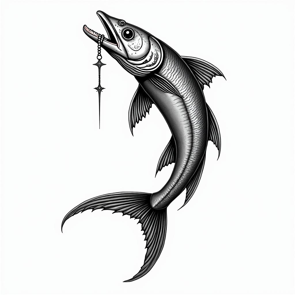 Barracudain paganic style tattoo, featuring ancient symbols, add vegvisir symbol, mystical figures, incorporating designs, pentagrams, runes, crescent moons,