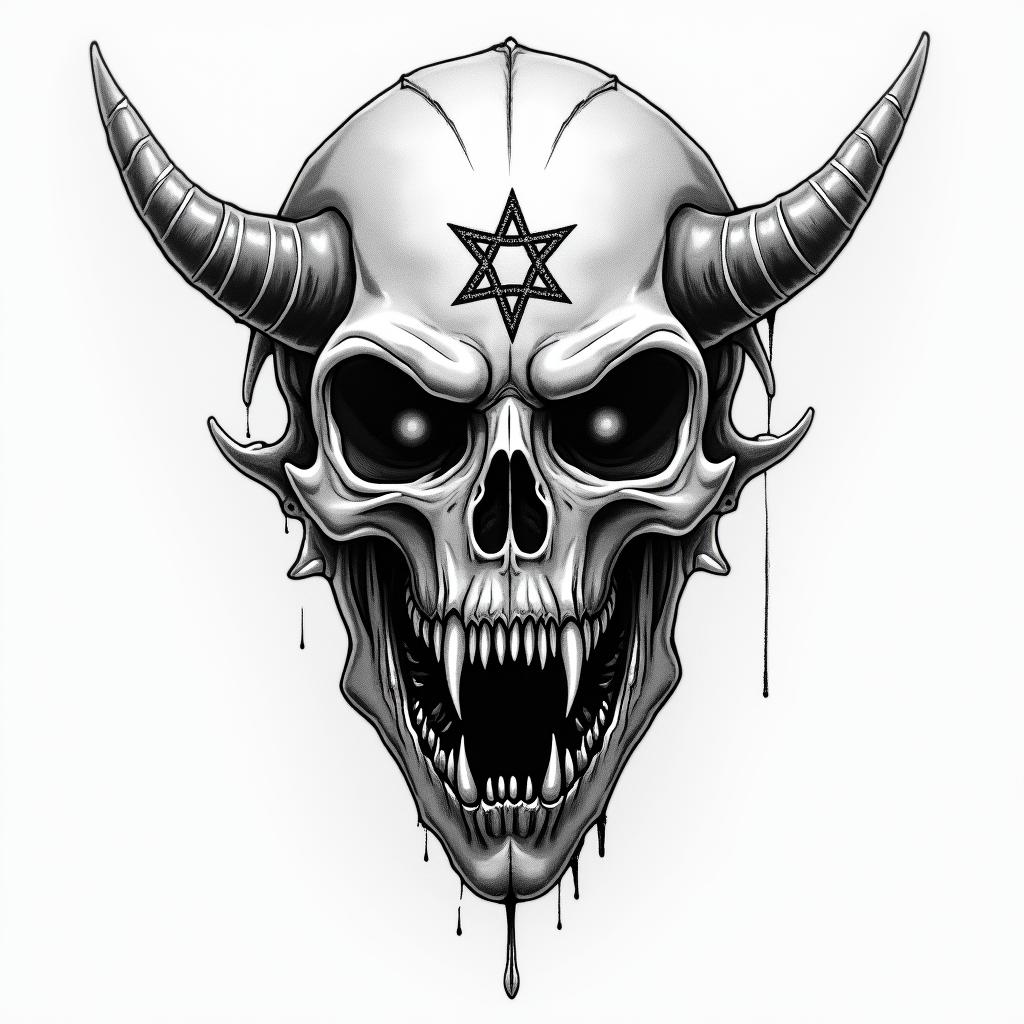 Barracudacreepy horror tattoo style, featuring an eerie and unsettling skull of a demonic creature, distorted face with sharp fangs, add pentagram symbol - Variation 4