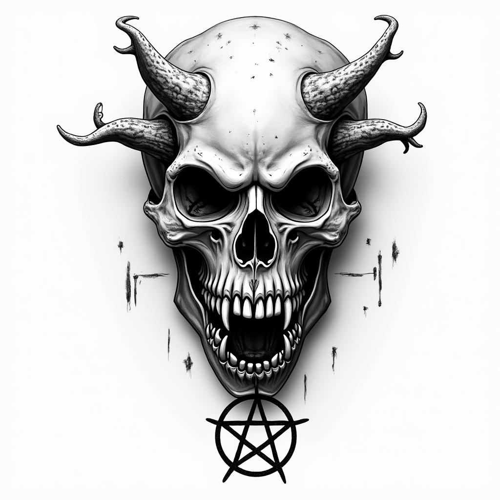 Barracudacreepy horror tattoo style, featuring an eerie and unsettling skull of a demonic creature, distorted face with sharp fangs, add pentagram symbol
