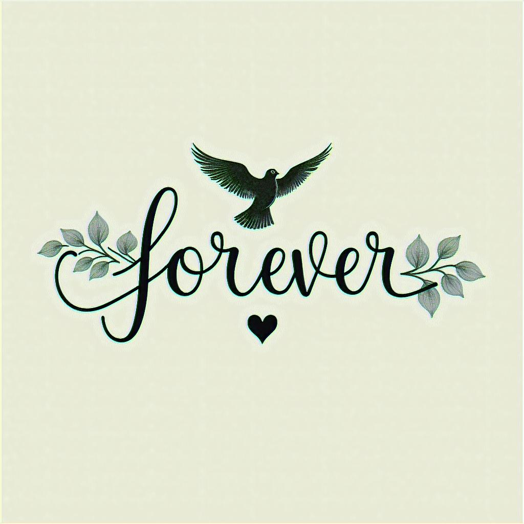 Melinda Dawn Morgan in cursive with a dove and forever 46 underneathin elegant cursive calligraphy style 2d tattoo, decorate with roses, featuring a smooth and flowing handwritten script with slightly thickened strokes for a luxurious and bold appearance, heart symbol between names, sleek and glossy black text with shadowing, minimalist matte white background, clean and sharp edges, illuminated with soft lighting, romantic, 8k, high-quality textures with refined typography - Variation 4
