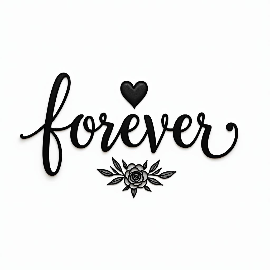 Melinda Dawn Morgan in cursive with a dove and forever 46 underneathin elegant cursive calligraphy style 2d tattoo, decorate with roses, featuring a smooth and flowing handwritten script with slightly thickened strokes for a luxurious and bold appearance, heart symbol between names, sleek and glossy black text with shadowing, minimalist matte white background, clean and sharp edges, illuminated with soft lighting, romantic, 8k, high-quality textures with refined typography - Variation 2