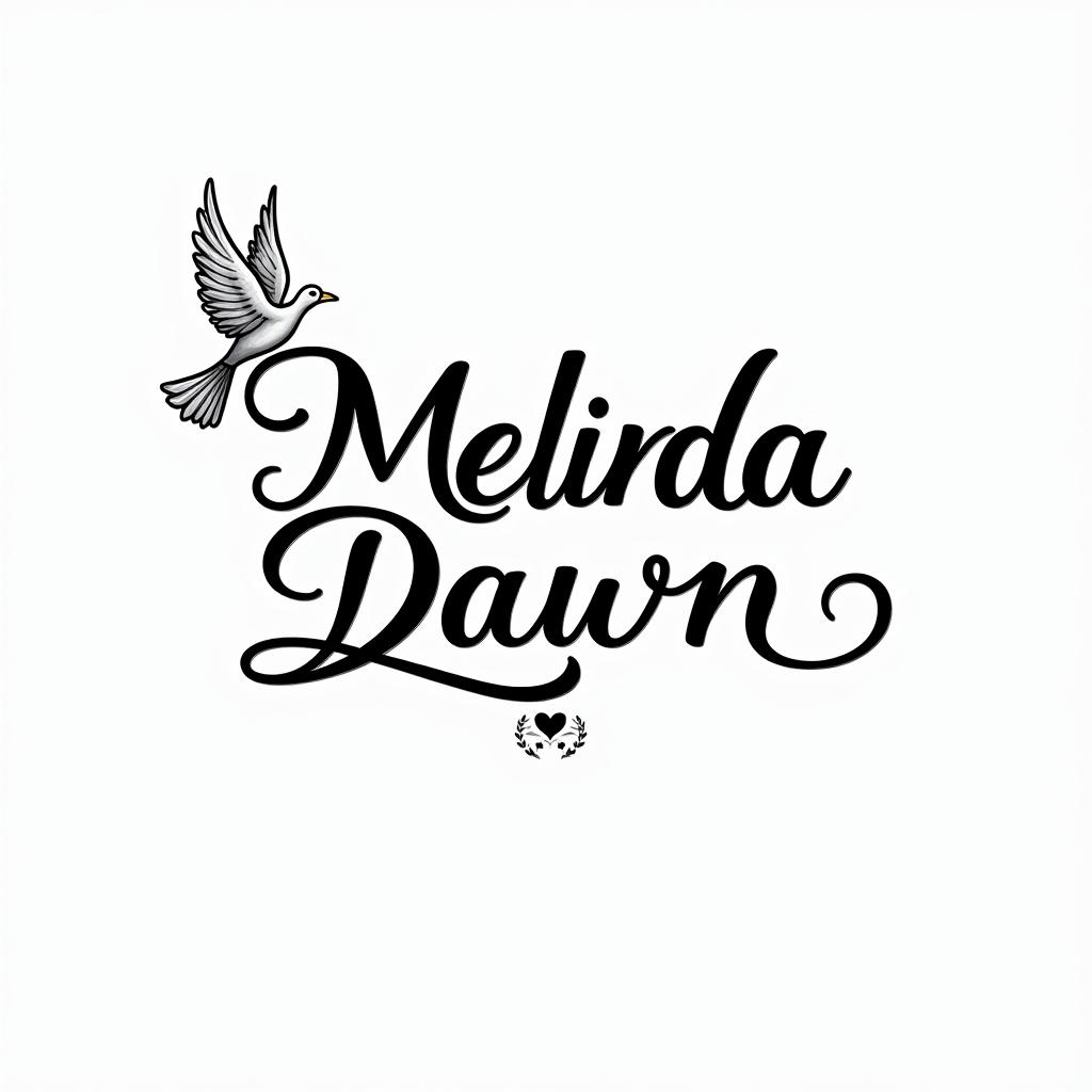 Melinda Dawn Morgan in cursive with a dove and forever 46 underneathin elegant cursive calligraphy style 2d tattoo, decorate with roses, featuring a smooth and flowing handwritten script with slightly thickened strokes for a luxurious and bold appearance, heart symbol between names, sleek and glossy black text with shadowing, minimalist matte white background, clean and sharp edges, illuminated with soft lighting, romantic, 8k, high-quality textures with refined typography - Variation 3