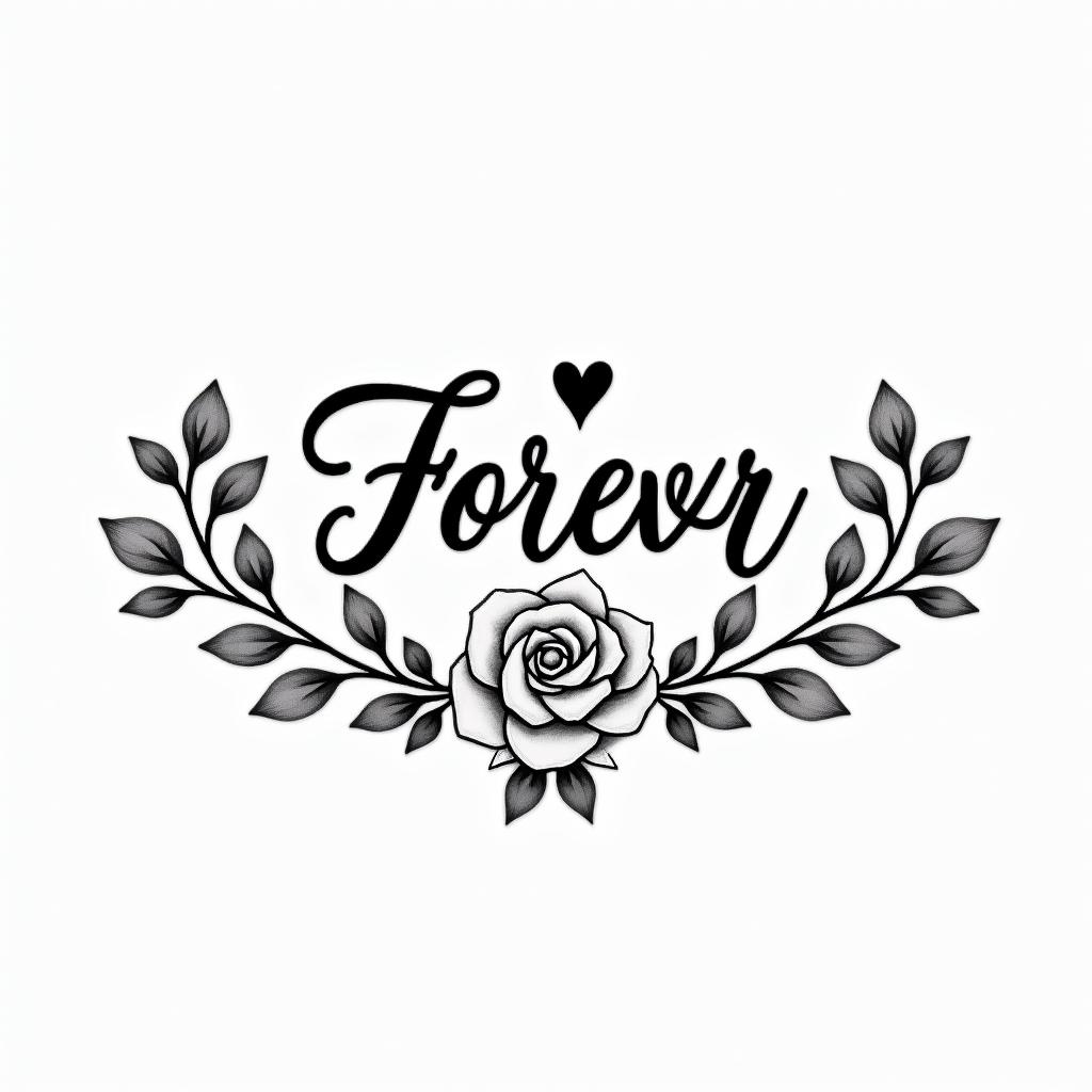 Melinda Dawn Morgan in cursive with a dove and forever 46 underneathin elegant cursive calligraphy style 2d tattoo, decorate with roses, featuring a smooth and flowing handwritten script with slightly thickened strokes for a luxurious and bold appearance, heart symbol between names, sleek and glossy black text with shadowing, minimalist matte white background, clean and sharp edges, illuminated with soft lighting, romantic, 8k, high-quality textures with refined typography