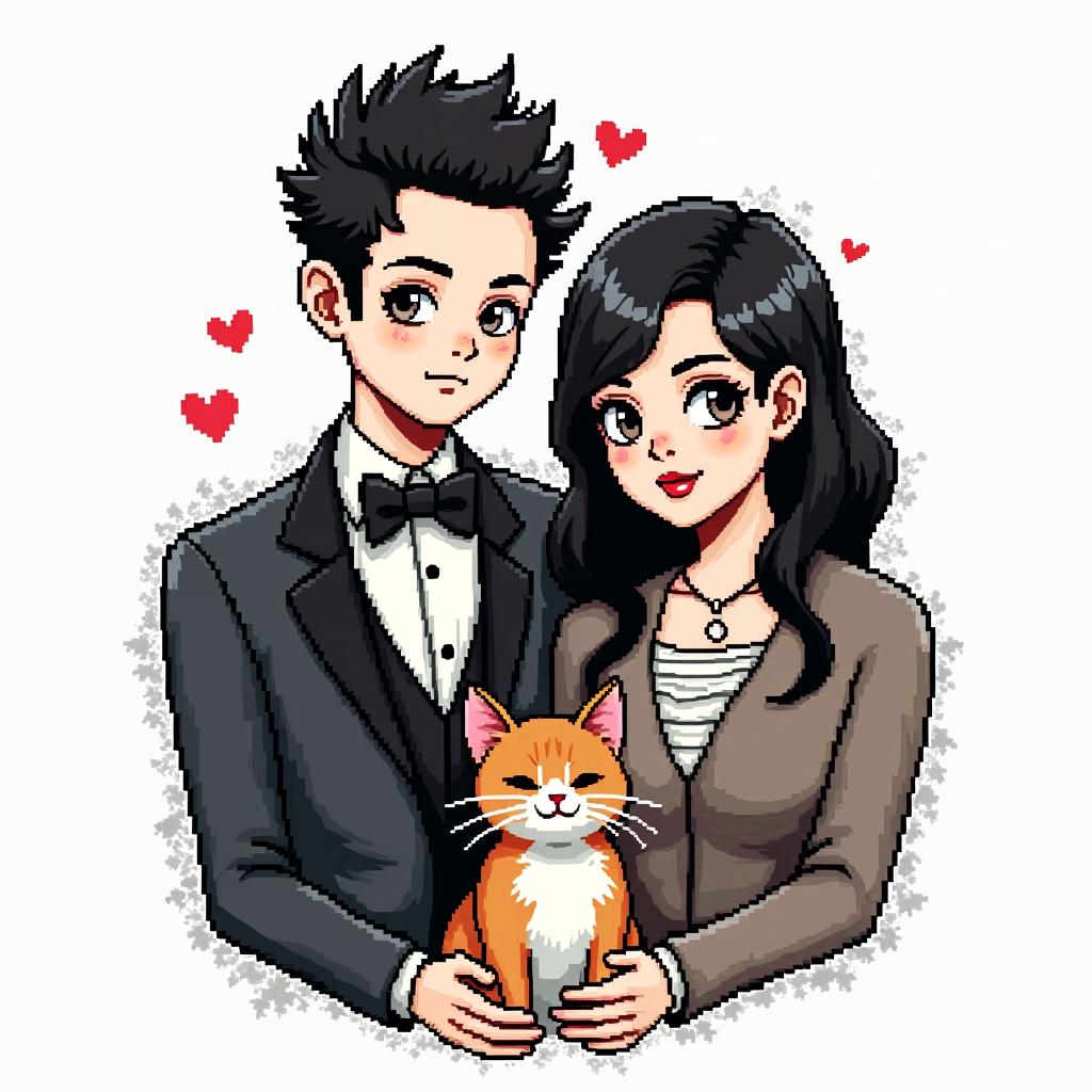 Gaming gothic married couple with gaming and stoner aspects and an orange cat and tuxedo cat and our sonin 8-bit tattoo style, minimalistic pixel style tattoo, pixel art with simplified shapes and retro gaming visuals, inspired by 8-bit pixel based detailing - Variation 2
