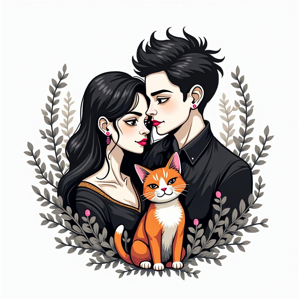 Gaming gothic married couple with gaming and stoner aspects and an orange cat and tuxedo cat and our sonin 8-bit tattoo style, minimalistic pixel style tattoo, pixel art with simplified shapes and retro gaming visuals, inspired by 8-bit pixel based detailing - Variation 3