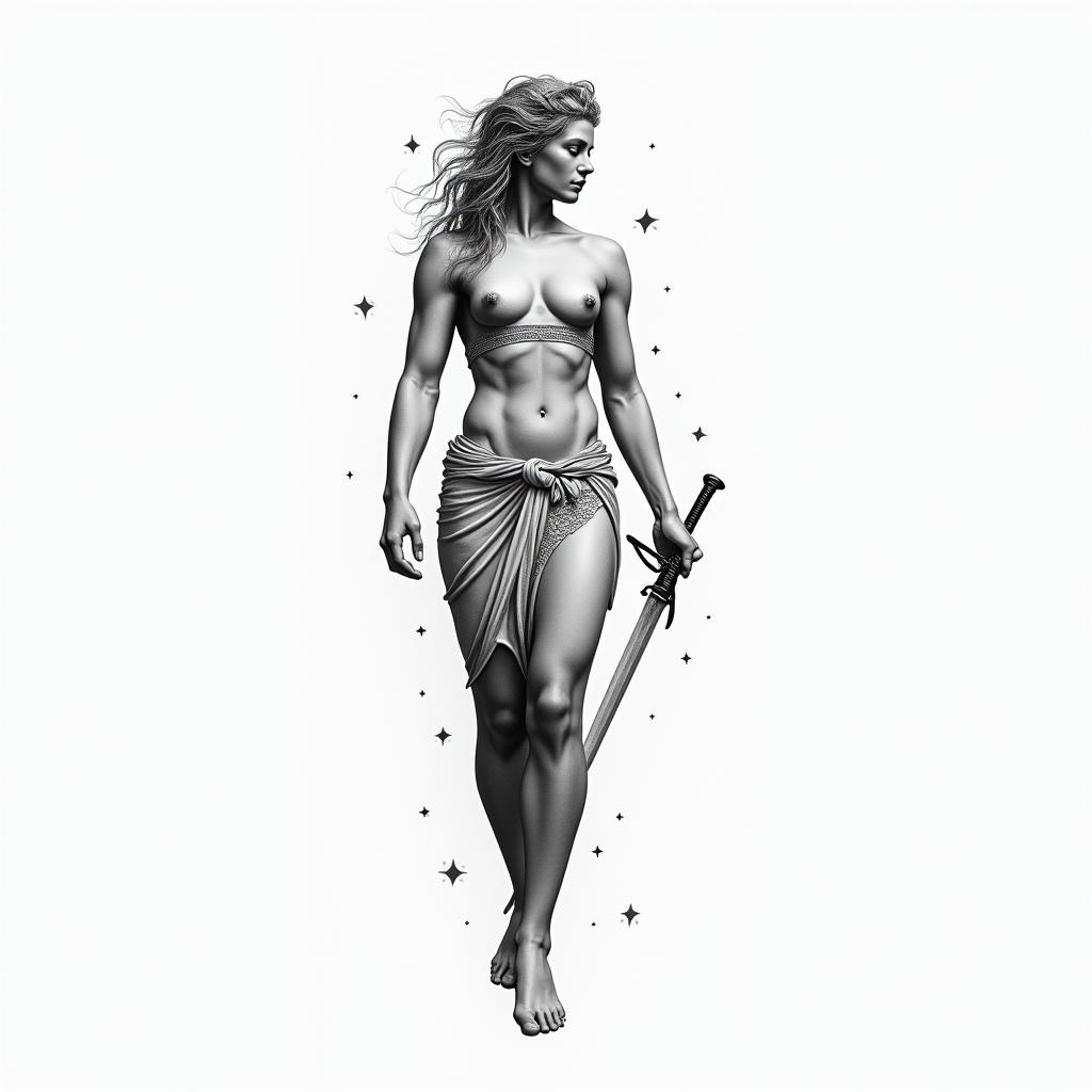 Athena, the goddess of war, firein minimalist style tattoo, featuring simple shapes and fine lines, with minimal shading and details, tiny triangles, creating a sense of balance and harmony