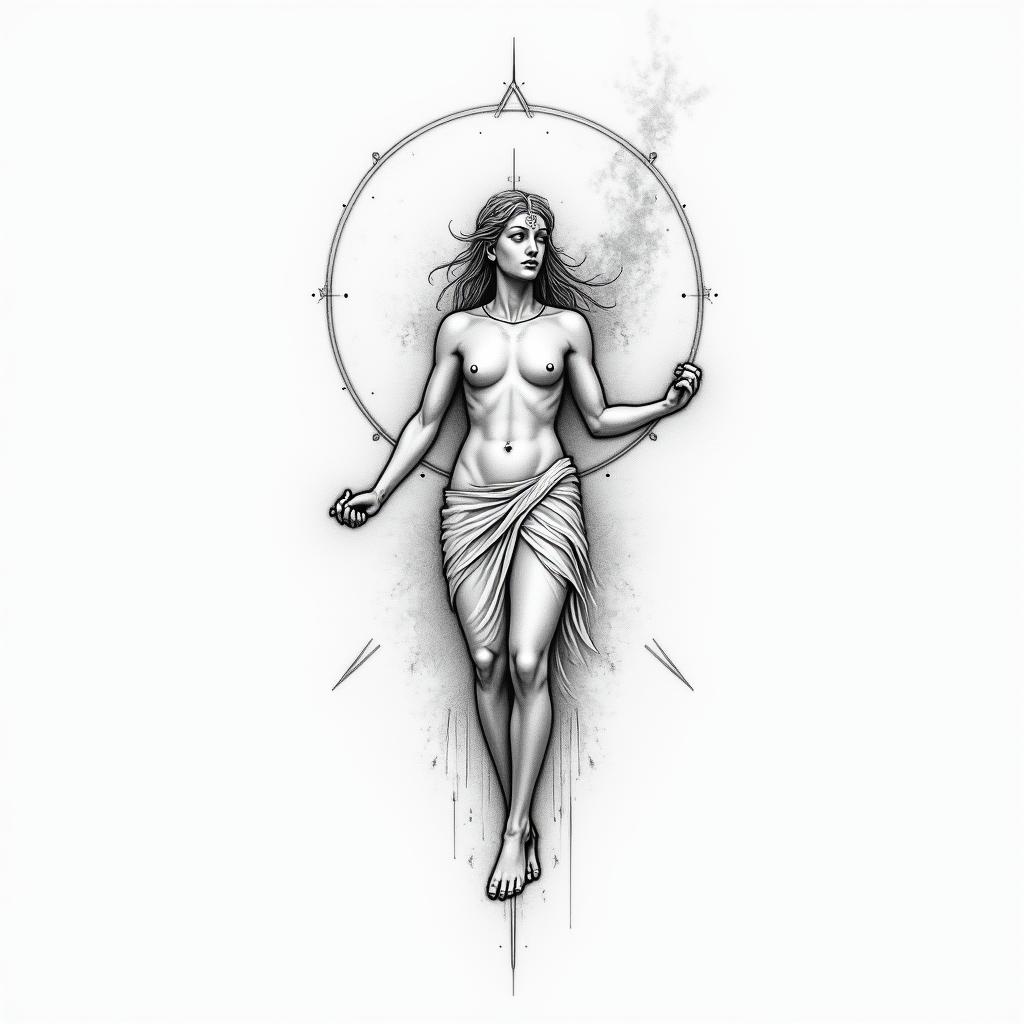 Athena, the goddess of war, firein minimalist style tattoo, featuring simple shapes and fine lines, with minimal shading and details, tiny triangles, creating a sense of balance and harmony - Variation 4