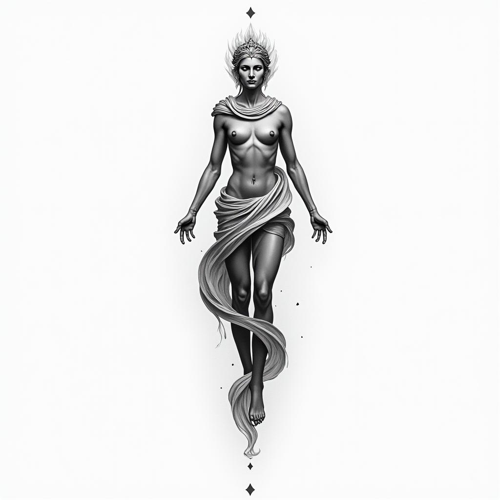 Athena, the goddess of war, firein minimalist style tattoo, featuring simple shapes and fine lines, with minimal shading and details, tiny triangles, creating a sense of balance and harmony - Variation 3