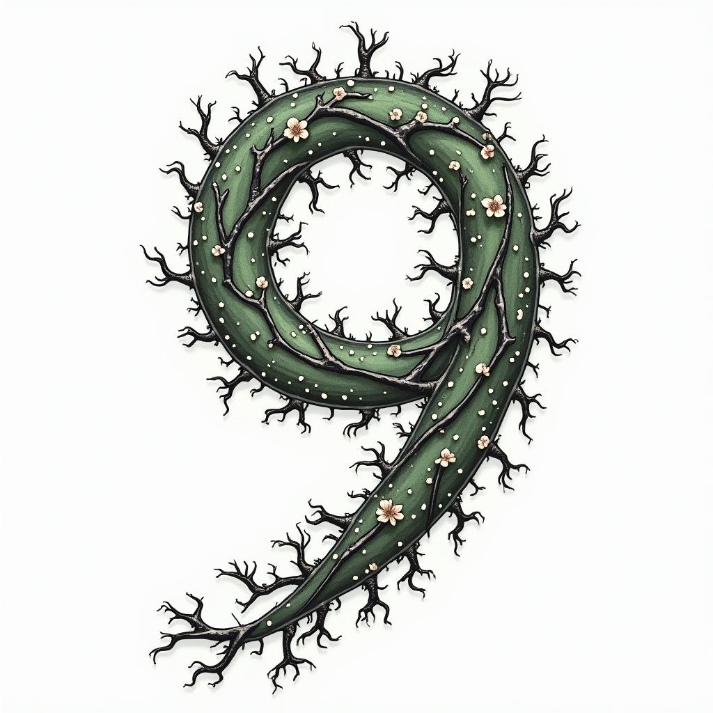Winding green vines with black thorns and white
flowers in the shape of a 9in japanese style tattoo, detailed tattoo, traditional japanese culture tattoo, mythology, 8k - Variation 2