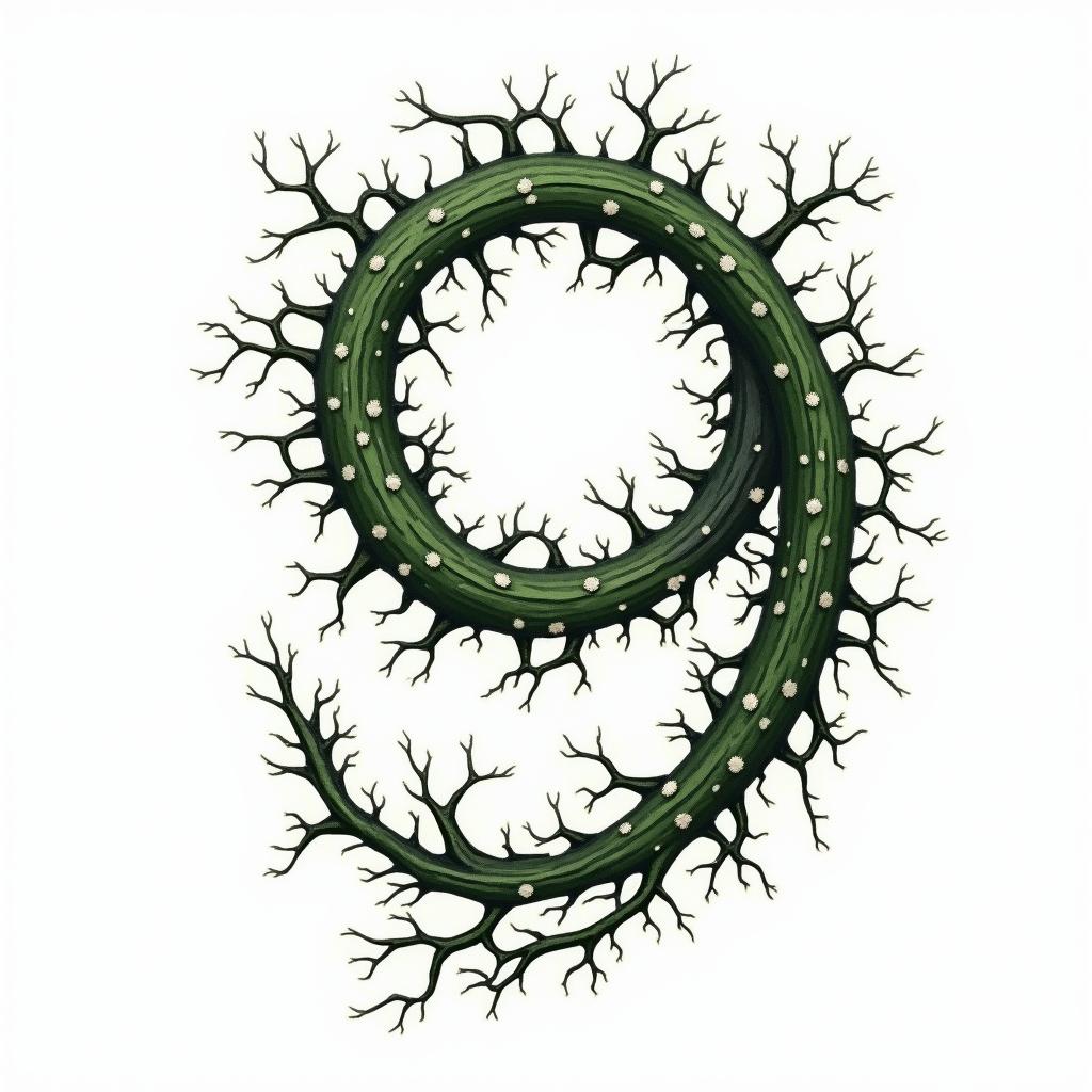 Winding green vines with black thorns and white
flowers in the shape of a 9in japanese style tattoo, detailed tattoo, traditional japanese culture tattoo, mythology, 8k - Variation 3