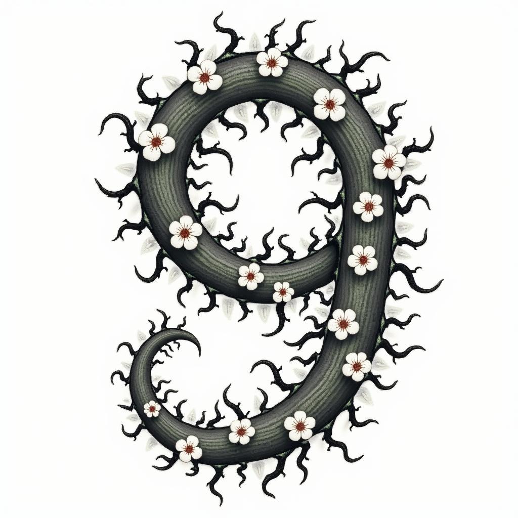 Winding green vines with black thorns and white
flowers in the shape of a 9in japanese style tattoo, detailed tattoo, traditional japanese culture tattoo, mythology, 8k - Variation 4