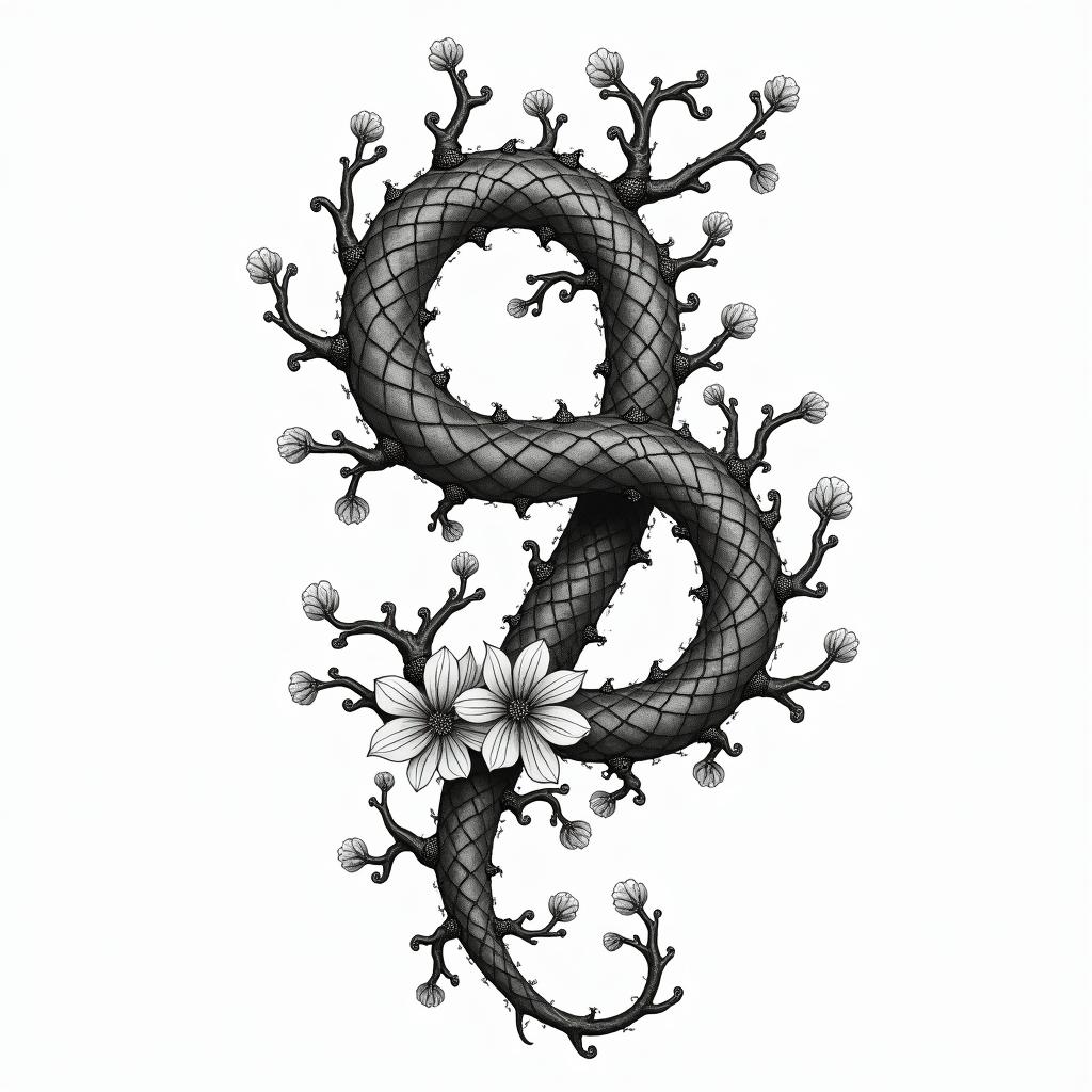 Winding green vines with black thorns and white 
flowers in the shape of a 9in japanese style tattoo, detailed tattoo, traditional japanese culture tattoo, mythology, 8k