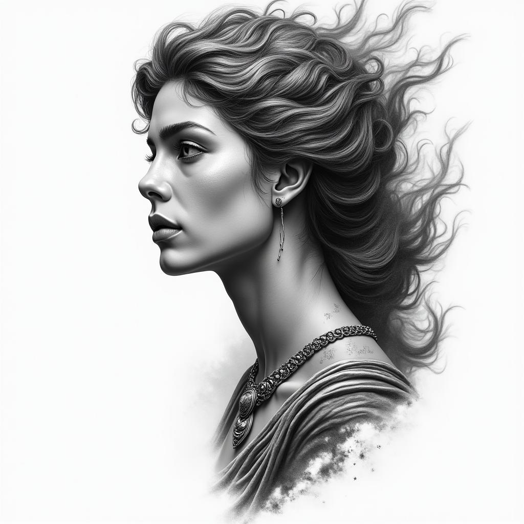Athena, the goddess of war, firein portrait tattoo style, featuring a highly realistic and detailed depiction - Variation 4
