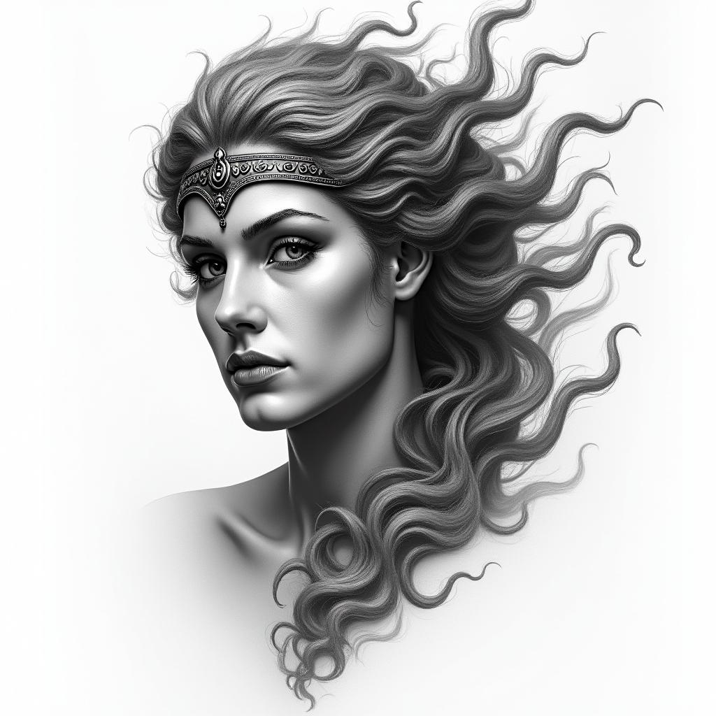 Athena, the goddess of war, firein portrait tattoo style, featuring a highly realistic and detailed depiction - Variation 3
