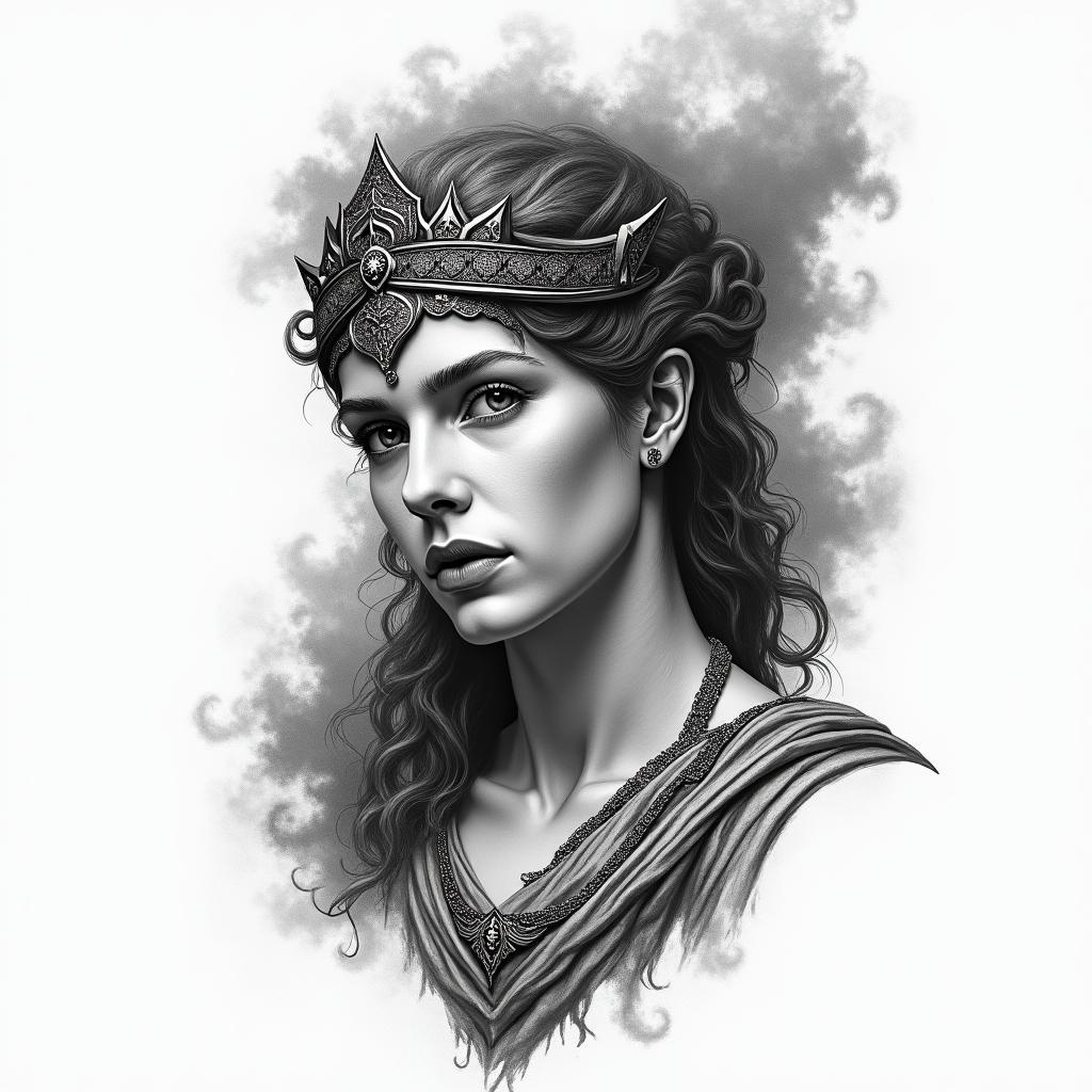Athena, the goddess of war, firein portrait tattoo style, featuring a highly realistic and detailed depiction