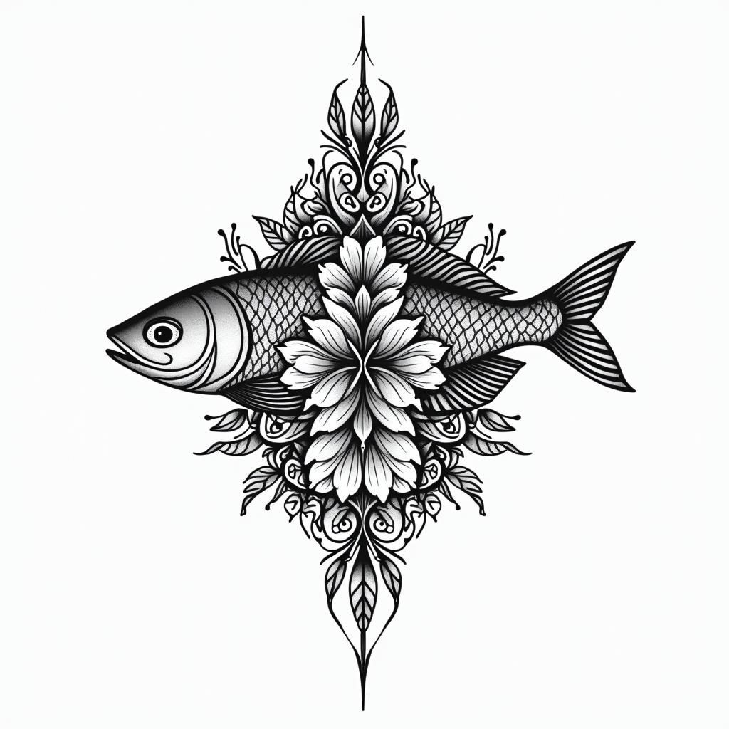 Barracudain ornamental tattoo style, featuring intricate symmetrical patterns and floral designs, showcasing highly detailed line work and geometric shapes, creating a sense of elegance and balance - Variation 3