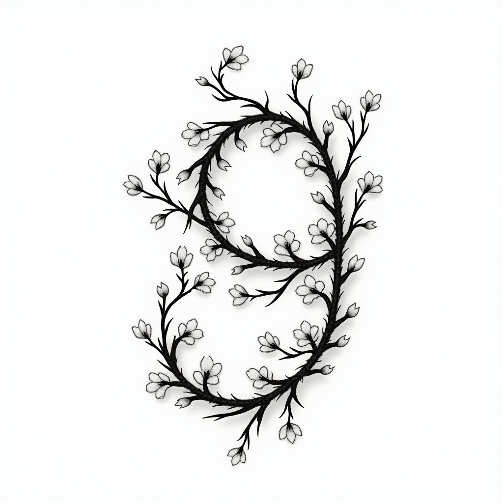Winding green vines with black thorns and white
flowers in the shape of a 9in Modest style tattoo, featuring soft, delicate line work with simple and meaningful symbols, gentle waves, a heart, evoking a sense of serenity and grace,