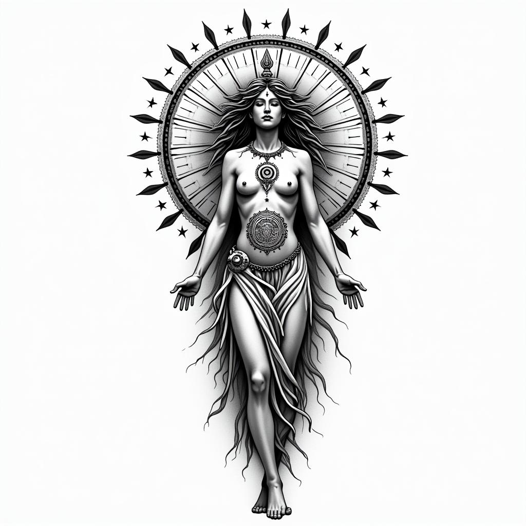 Athena, the goddess of war, firein prophecy tattoo style, featuring mystical symbols, celestial imagery like stars, moons, suns, geometric patterns, foretelling elements, an eye of wisdom - Variation 3