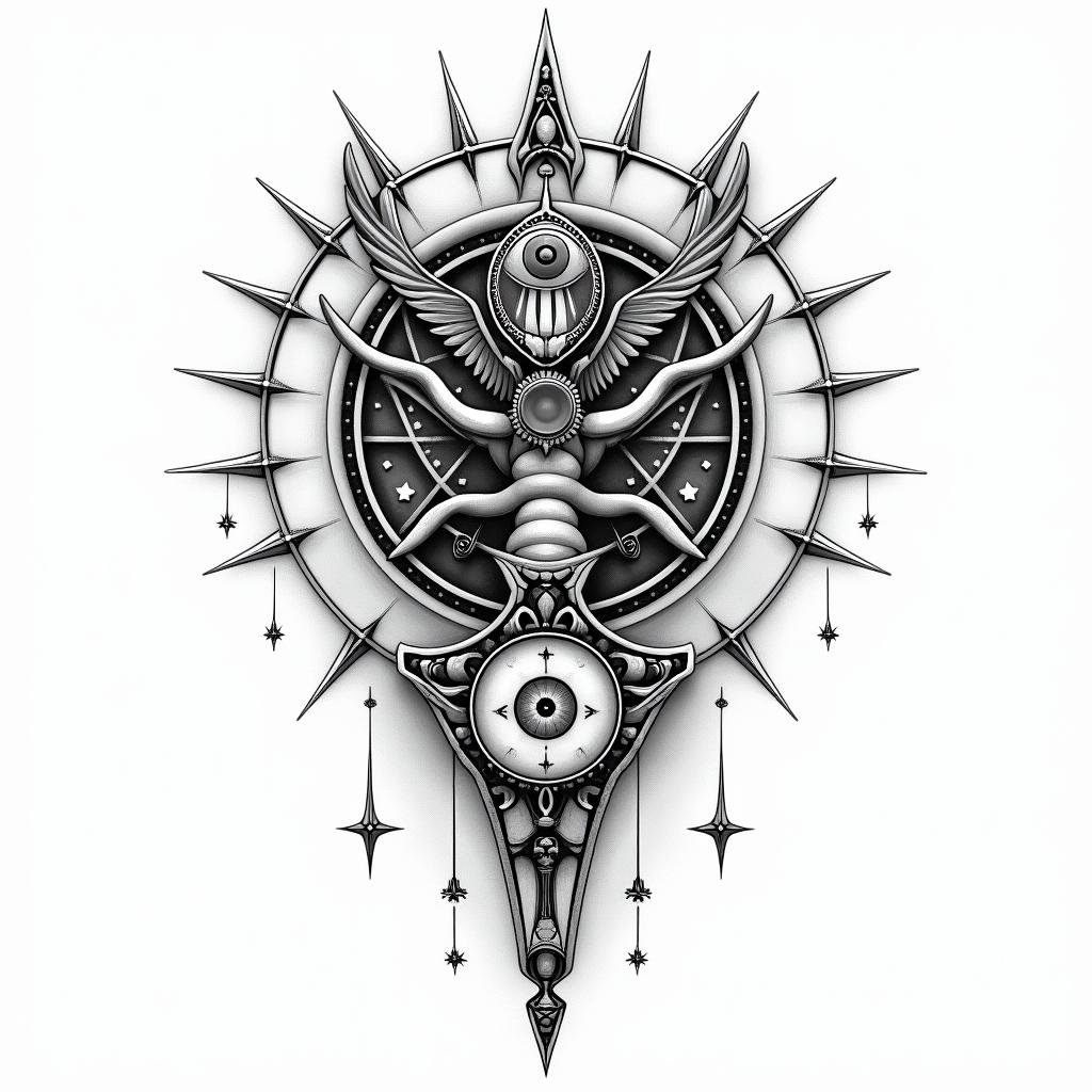 Athena, the goddess of war, firein prophecy tattoo style, featuring mystical symbols, celestial imagery like stars, moons, suns, geometric patterns, foretelling elements, an eye of wisdom - Variation 4