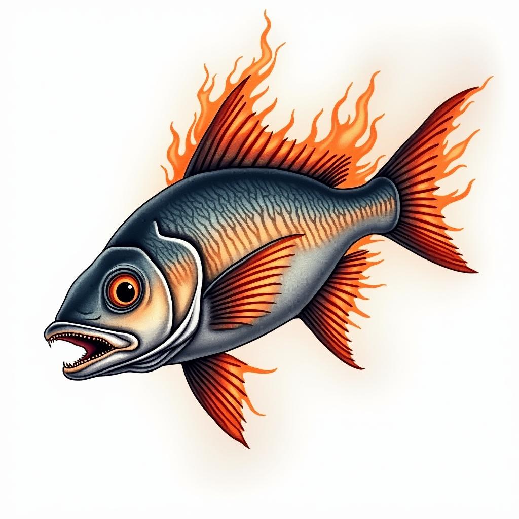 Barracuda predatory fishin flame tattoo style showcasing fiery elements with dynamic flame patterns, glowing effect of flames, natural colors - Variation 3