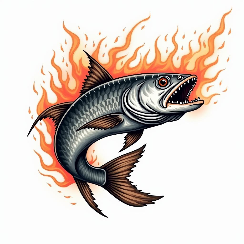 Barracuda predatory fishin flame tattoo style showcasing fiery elements with dynamic flame patterns, glowing effect of flames, natural colors - Variation 2