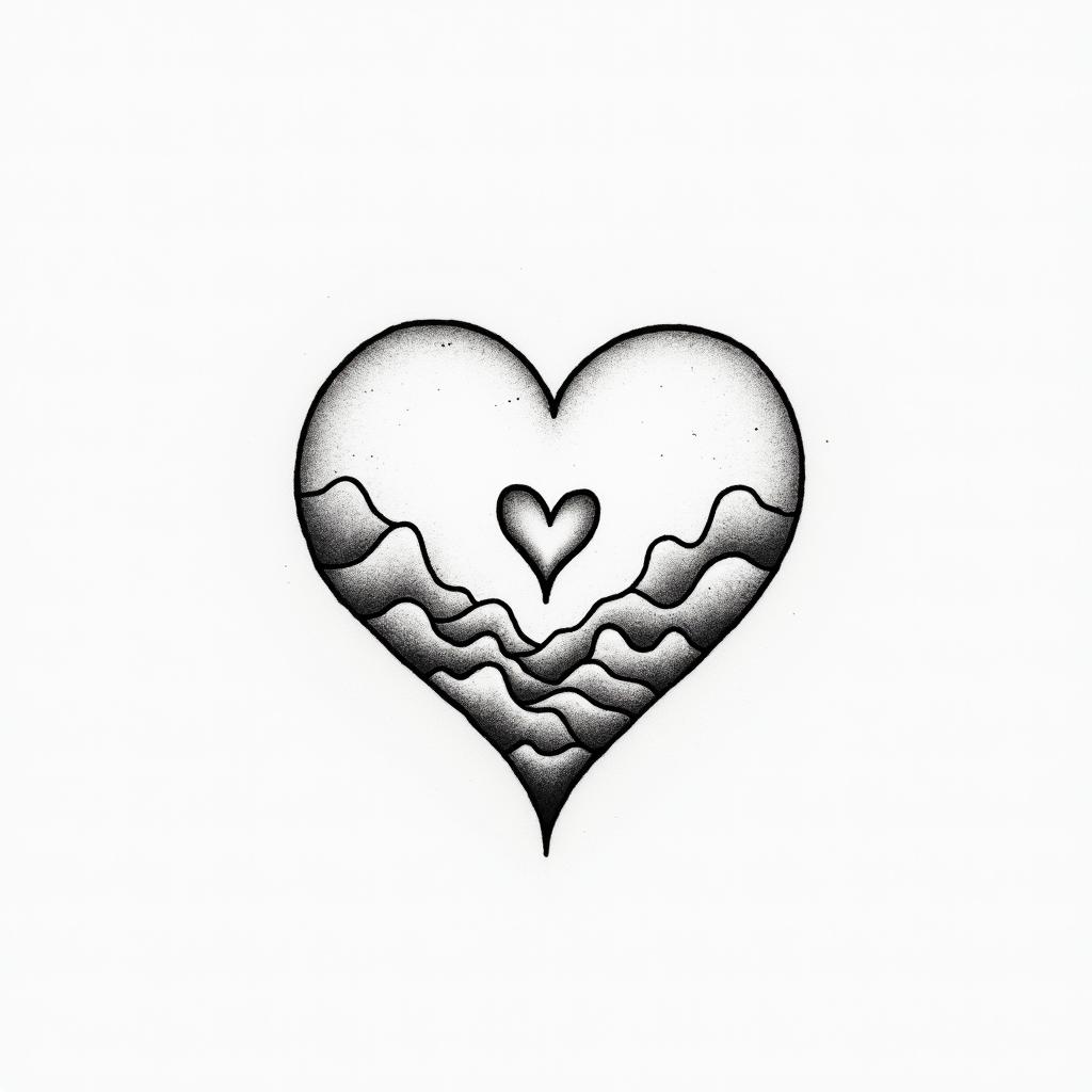 Violetin Modest style tattoo, featuring soft, delicate line work with simple and meaningful symbols, gentle waves, a heart, evoking a sense of serenity and grace,