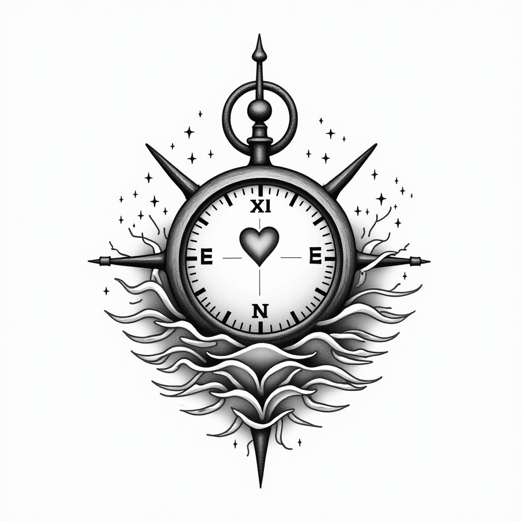 Compass surrounded by ocean wavesin Modest style tattoo, featuring soft, delicate line work with simple and meaningful symbols, gentle waves, a heart, evoking a sense of serenity and grace, - Variation 4