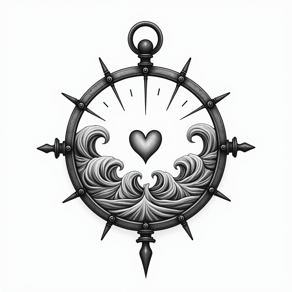Compass surrounded by ocean wavesin Modest style tattoo, featuring soft, delicate line work with simple and meaningful symbols, gentle waves, a heart, evoking a sense of serenity and grace, - Variation 2