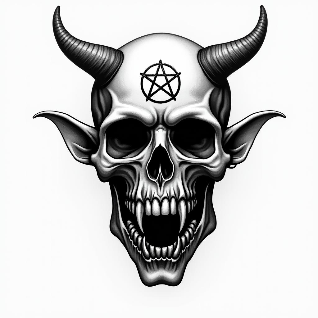 Rock, music,creepy horror tattoo style, featuring an eerie and unsettling skull of a demonic creature, distorted face with sharp fangs, add pentagram symbol - Variation 2