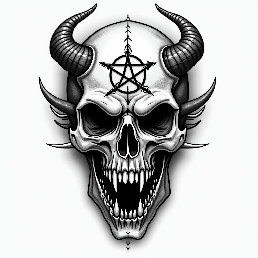 Rock, music,creepy horror tattoo style, featuring an eerie and unsettling skull of a demonic creature, distorted face with sharp fangs, add pentagram symbol - Variation 3