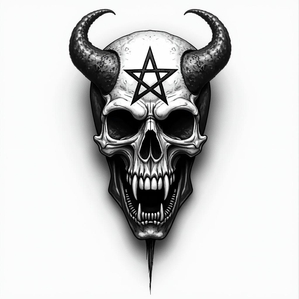 Rock, music,creepy horror tattoo style, featuring an eerie and unsettling skull of a demonic creature, distorted face with sharp fangs, add pentagram symbol