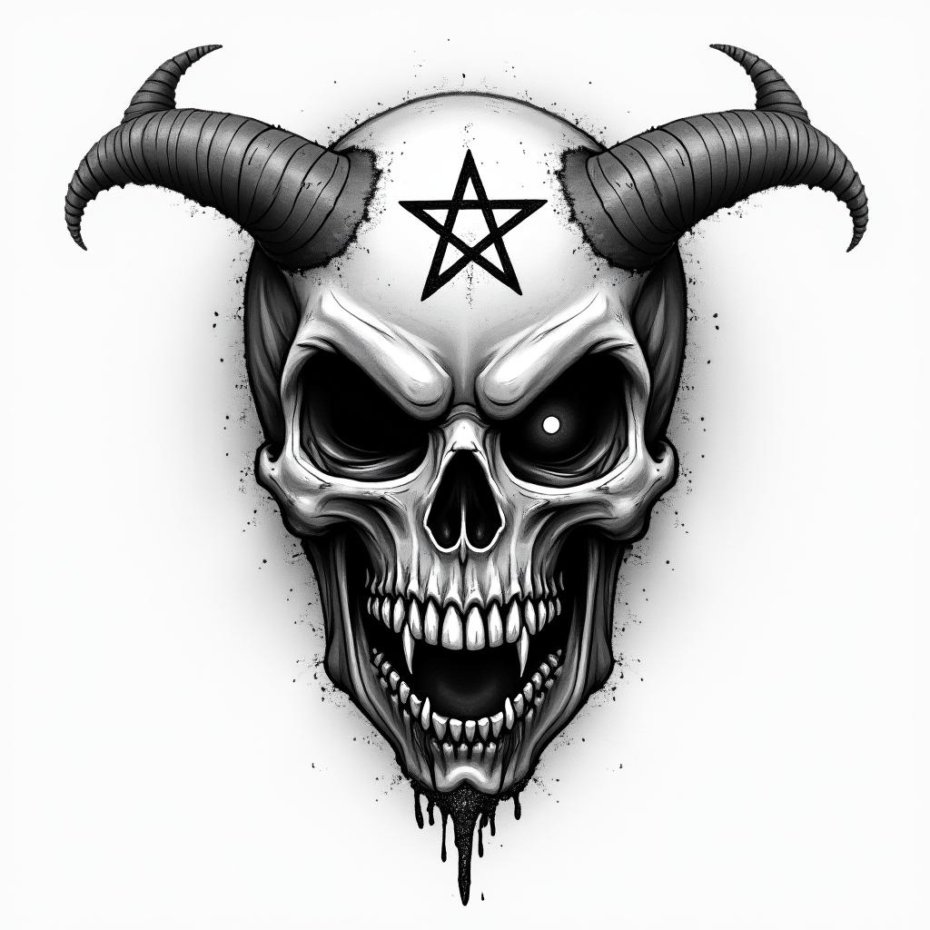 Rock, music,creepy horror tattoo style, featuring an eerie and unsettling skull of a demonic creature, distorted face with sharp fangs, add pentagram symbol - Variation 4