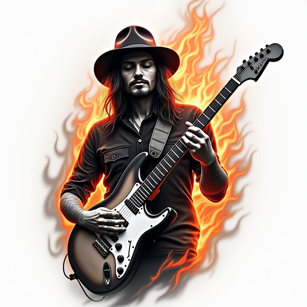 Rock & musicin flame tattoo style showcasing fiery elements with dynamic flame patterns, glowing effect of flames, natural colors - Variation 2