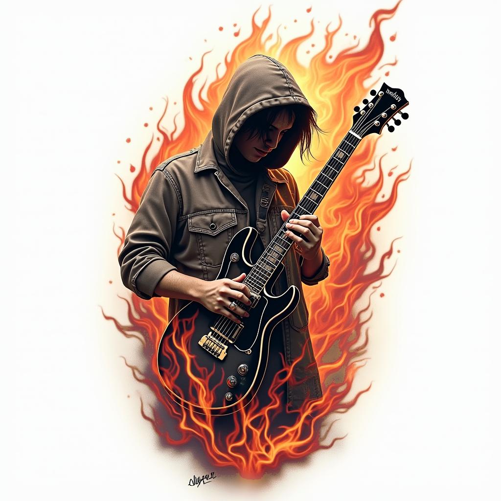 Rock & musicin flame tattoo style showcasing fiery elements with dynamic flame patterns, glowing effect of flames, natural colors