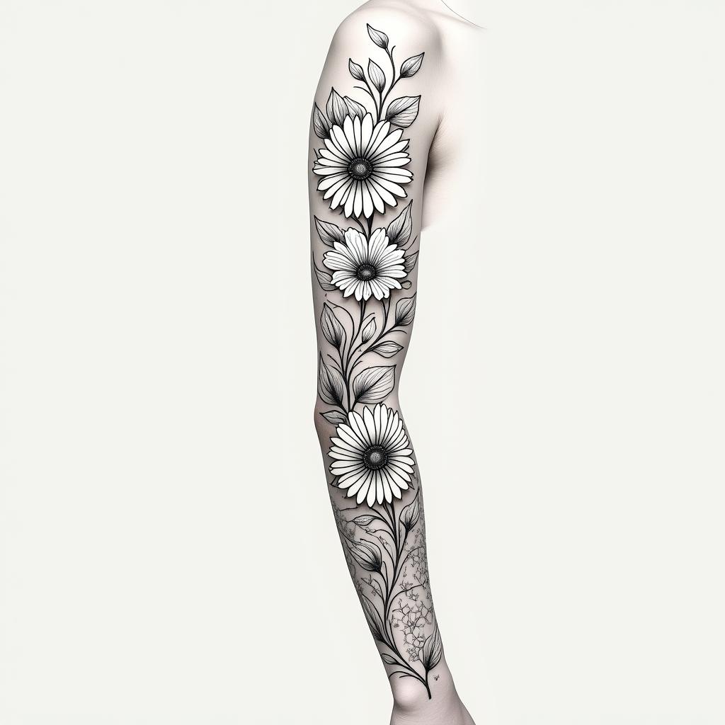 Floral sleevein Modest style tattoo, featuring soft, delicate line work with simple and meaningful symbols, gentle waves, a heart, evoking a sense of serenity and grace,