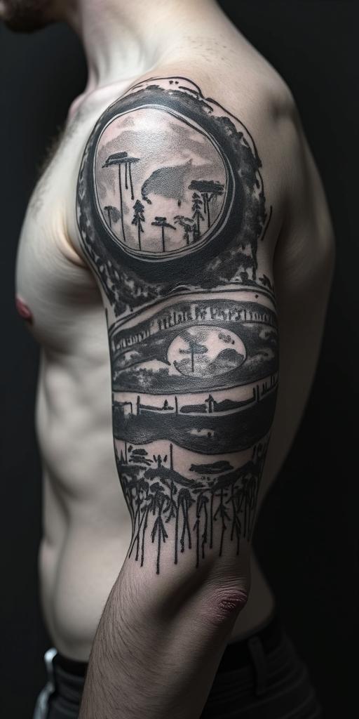 Many paths picture with birthdatestext-based tattoo, gothic font ultra-realistic, perfectly placed, high-quality font design, photo-realistic shading, 8k, high quality, finely detailed typography