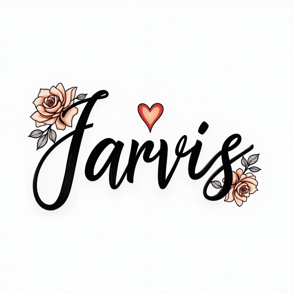 1995 jarvissin elegant cursive calligraphy style 2d tattoo, decorate with roses, featuring a smooth and flowing handwritten script with slightly thickened strokes for a luxurious and bold appearance, heart symbol between names, sleek and glossy black text with shadowing, minimalist matte white background, clean and sharp edges, illuminated with soft lighting, romantic, 8k, high-quality textures with refined typography