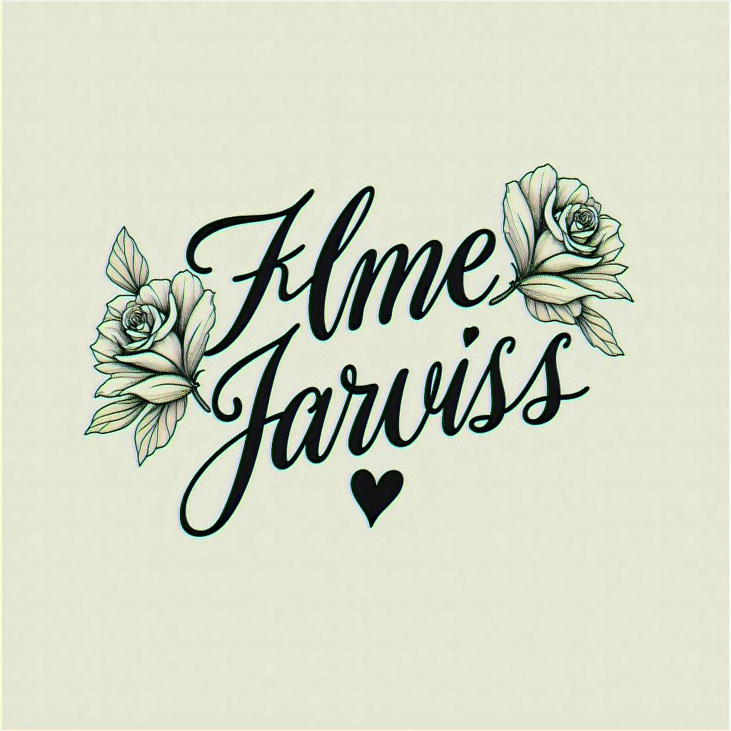1995 jarvissin elegant cursive calligraphy style 2d tattoo, decorate with roses, featuring a smooth and flowing handwritten script with slightly thickened strokes for a luxurious and bold appearance, heart symbol between names, sleek and glossy black text with shadowing, minimalist matte white background, clean and sharp edges, illuminated with soft lighting, romantic, 8k, high-quality textures with refined typography - Variation 2